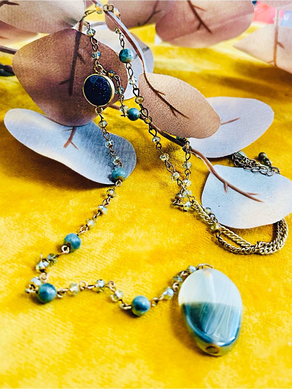 Elegant Gold Necklace with Blue-Green Beads and Pendant